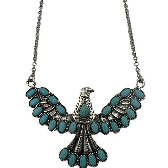 NEW Silver Faux Turquoise Phoenix Pendant Chain Necklace - Picture 8 of 11